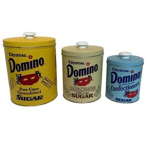 3 Vintage Crystal Domino Sugar Canisters Retro Kitchen Nesting Set Tin Deadstock